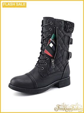 Women's Combat Boots Mid Calf Vegan Faux Leather Water Resistant Winter Snow